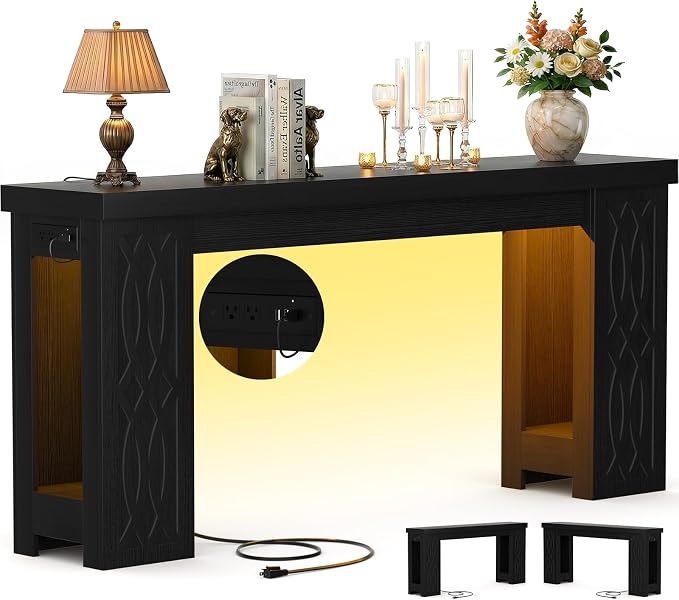 Cyclysio 63" Console Table with Outlet, Farmhouse Entryway Table with Colorful LED Lights, Wooden Sofa Table with Unique Carved Design, Foyer Accent Table for Entrance, Hallway, Living Room
