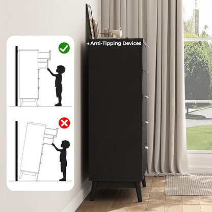 Dresser for Bedroom, 47" Wide 5 Drawer Dresser, Modern Wood Chest of Drawers for, Bedroom, Living Room, Entryway, Black