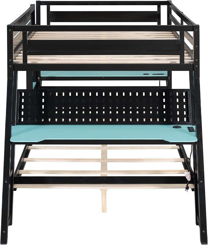 Merax Wooden Full Over Full Bunk Bed with 2 Side Desks, USB Desktop Ports and Pegboard Organizer, Gaming Bunk Bed for Gamer, Kids or Teens, No Box Spring Needed, Cloud Blue