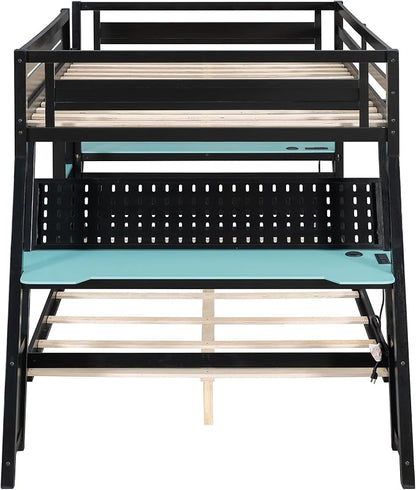 Merax Wooden Full Over Full Bunk Bed with 2 Side Desks, USB Desktop Ports and Pegboard Organizer, Gaming Bunk Bed for Gamer, Kids or Teens, No Box Spring Needed, Cloud Blue