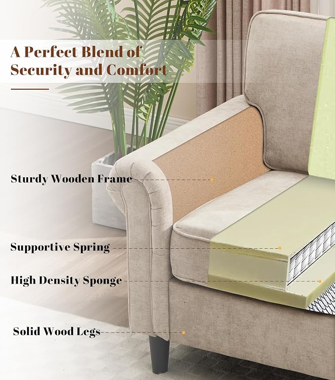 Kingfun Loveseat 2 & 3 Seater Couch with Chair, Mid Century Modern Chenille Sofa Set with Rolled Arms and Deep Seats, Fluffy Comfort for Living Room, Apartment, Easy Assembly, Khaki