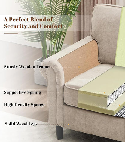 Kingfun Loveseat 2 & 3 Seater Couch with Chair, Mid Century Modern Chenille Sofa Set with Rolled Arms and Deep Seats, Fluffy Comfort for Living Room, Apartment, Easy Assembly, Khaki