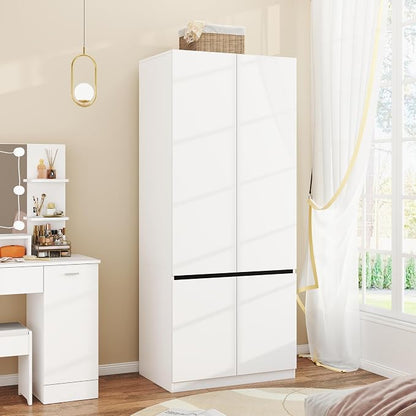 Armoire Wardrobe Closet with Doors: 75" White Large Wardrobe Closet with 2 Doors, Clothes Cabinets for Bedroom Armoires with Storage, Wood Wardrobes Closets for Hanging Clothes (C-Style, 31.5")