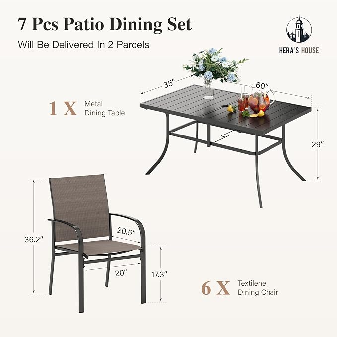 HERA'S HOUSE 7 PCS Patio Dining Set, All-Weather Outdoor Table Chairs Set, 6 x Patio Dining Chairs, Rectangular Metal Table with Umbrella Hole for Yard Garden Porch Deck (Brown)