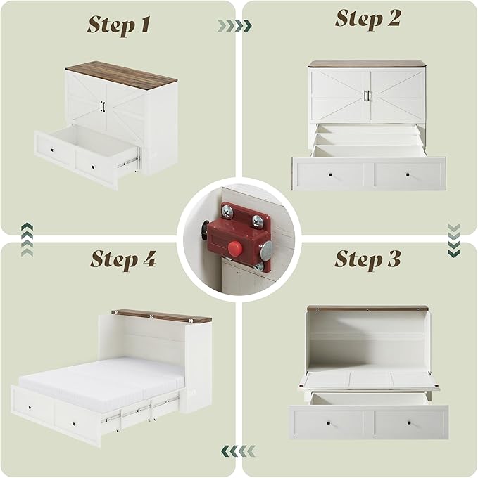 LUXOAK Queen Murphy Bed with 6" Tri-Fold Memory Foam Mattress, Storage Drawer & Charging Station, Space-Saving Design for Home Office or Guest Room, White