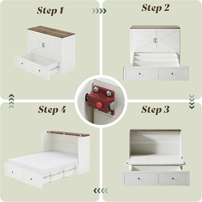 LUXOAK Queen Murphy Bed with 6" Tri-Fold Memory Foam Mattress, Storage Drawer & Charging Station, Space-Saving Design for Home Office or Guest Room, White