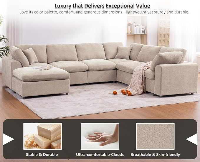Oversized Modular Sectional Sofa Couch for Living Room, Light Camel | Large 7 Seater Corner Sofa | Modern U Shaped Sectional | with Ottoman | Spacious Space | Comfy Chenille | for Large Families