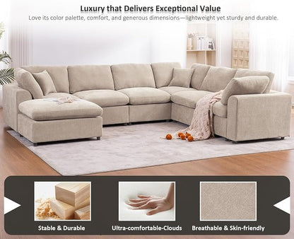 Oversized Modular Sectional Sofa Couch for Living Room, Light Camel | Large 7 Seater Corner Sofa | Modern U Shaped Sectional | with Ottoman | Spacious Space | Comfy Chenille | for Large Families