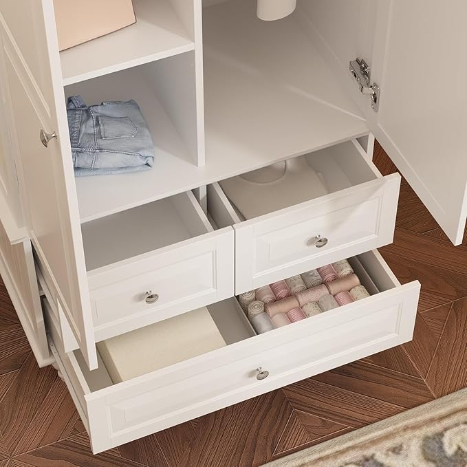 Bedroom Wardrobe Cabinet with 2 Doors, Wood Armoire Closet with Hanging Rod, Wardrobe Closet with 3 Drawers & Multi-Shelves for Clothes Organize, White (19.7" D x 31.5" W x 70.9" H)