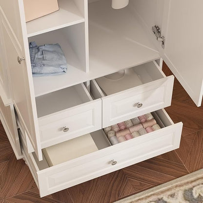 Bedroom Wardrobe Cabinet with 2 Doors, Wood Armoire Closet with Hanging Rod, Wardrobe Closet with 3 Drawers & Multi-Shelves for Clothes Organize, White (19.7" D x 31.5" W x 70.9" H)