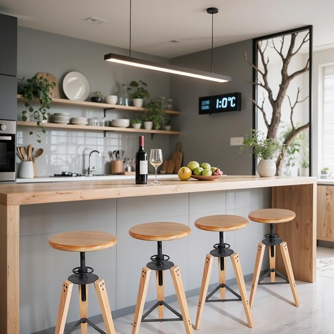 4-Piece Adjustable Height Swivel Bar Stool - Industrial Rustic Style, Solid Oak Wood Seat and Frame, 24.8"-28.7", Natural Finish, Anti-Slip Pads - Perfect for Kitchen, Bar, Counter, Home - Heavy Duty