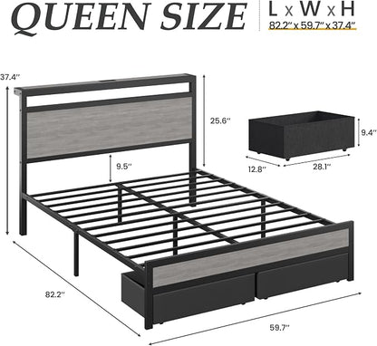 HISOFT Queen Bed Frame with Storage, Wood Headboard with Fast Charging Station, LED Lights, Platform Bed Frame Queen Size, Fabric Drawers with Wheels, No Box Spring Needed, Noise Free, Rustic Grey