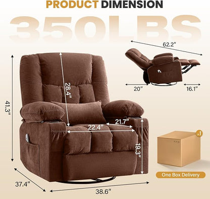 Swivel Recliner Chair for Adults with Vibration Massage and Lumbar Heat , Oversized Ergonomic Rocking Chair for Living Room and Bedroom, Featuring Side Pocket, 2 Cup Holders & USB Charge Port