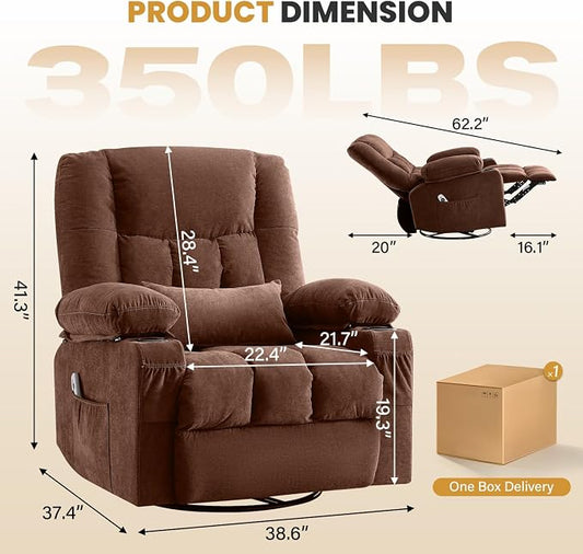 Swivel Recliner Chair for Adults with Vibration Massage and Lumbar Heat , Oversized Ergonomic Rocking Chair for Living Room and Bedroom, Featuring Side Pocket, 2 Cup Holders & USB Charge Port