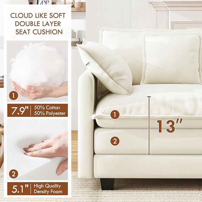 WorthFurni 77 Inch L Shape Cloud Sofa, Modular Sectional Couch with Ottoman, Comfy Chenille Deep Seat Loveseat with Pillow for Living Room Bedroom Apartment （Beige）