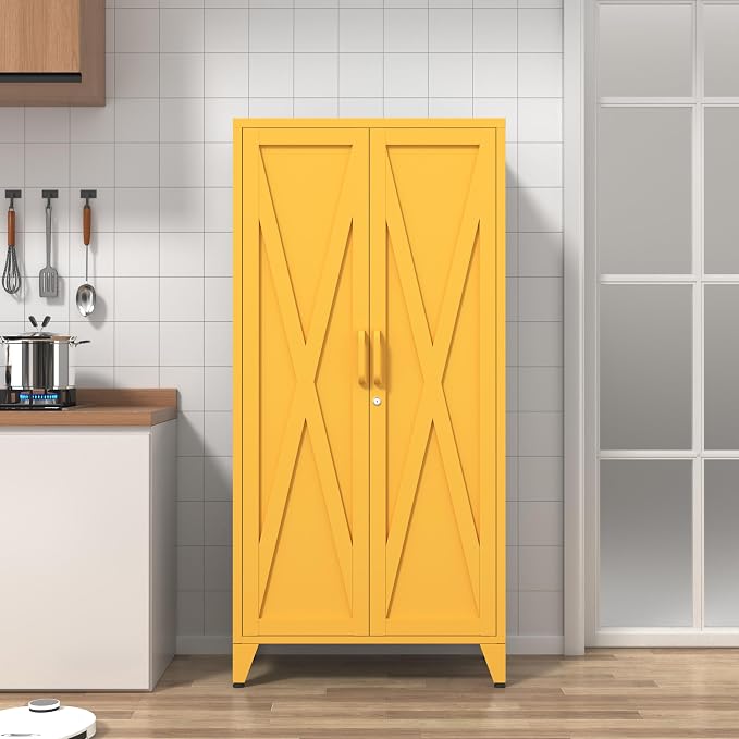 61" Tall Farmhouse Metal Pantry Cabinet with 3 Adjustable Shelves, 4-Tier Storage Organizer, 2-Door Freestanding Storage Cabinets, Easy Assembly, for Kitchen, Entryway, Home Office, Kids Room, Yellow