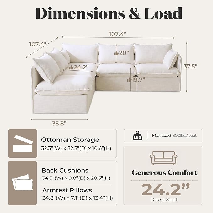 Cloud Modular Corner Sectional, Oversized Deep Seat Comfort, Linen Blend | Fully Removable Washable Covers, Memory Foam Seat Cushions, Premium Fabric