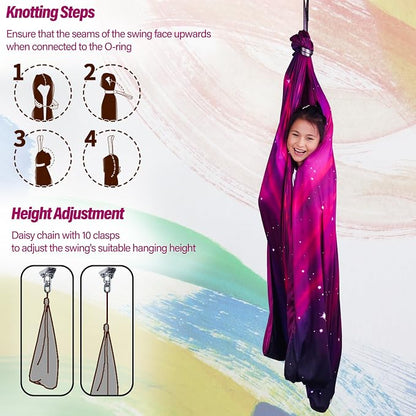 Sensory Swing for Kids & Adults Holds up to 300lbs Indoor & Outdoor Double Layer Therapy Cuddle Swing with 360° Swivel Hanger Kit for Calming, Effect for Autism, ADHD or SPD. (Galaxy Purple)