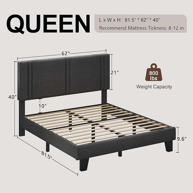 Einhomn Upholstered Queen Size Bed Frame with Linen Fabric Headboard, Strong Wooden Slats Support, Noise Free, No Box Spring Needed, Dark Grey
