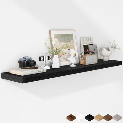 Fun Memories Floating Shelves - 12 Inch Rustic Wooden Wall Shelves - Extra Deeper & Thicker Wall Mounted Storage Shelf for Living Room, Kitchen, Farmhouse - 55" W x 12" D x 1.8" H - Rustic Black