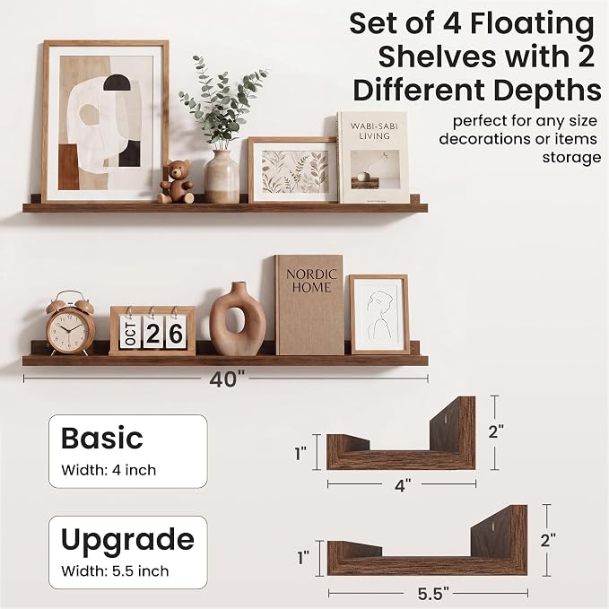 Axeman Picture Ledge Shelf | 40 Inch Floating Shelves Set of 4 | Walnut Wall Shelves with Lip | Walnut Picture Shelf for Wall with Ledge | Wood Photo Ledges for Living Room Bedroom