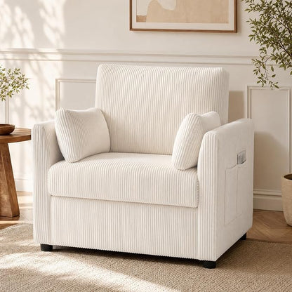 38" Modern Accent Chair, Corduroy Chair with Soft Pillows and Side Pockets, Comfy Single Reading Chairs for Living Room, Bedroom Beige