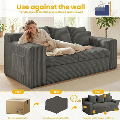 Boneless Couch,3 Seater Boneless Couch Bed – 3-in-1 Convertible Sleeper Sofa with Side Pockets & Handle,Pull Out Corduroy Futon for Small Space,Living Room & Bedroom, 3 Pillows Included,No Assembly