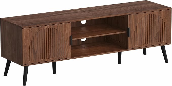 ChooChoo TV Stand for Living Room, Mid Century Modern TV Stand for 65 Inch TVs, Entertainment Center with Storage Cabinet and Open Shelves, TV Console Table Media Cabinet for Bedroom, Walnut