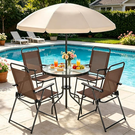Shintenchi 6 Piece Outdoor Patio Furniture Set, Small Outdoor Patio Dining Table and Chairs Set, Outdoor Seating with Umbrella for Backyard, Balcony, Front Porch, Light Brown