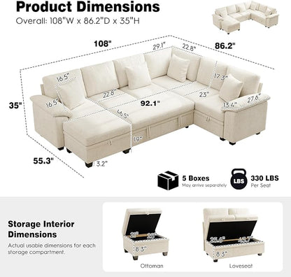 Ihanherry 108" Modular Sectional Sofa with Pull Out Bed, 7-Seater L Shaped Sectional Sleeper Couch with Storage, Chenille Convertible Couches for Living Room, Apartment (Beige)