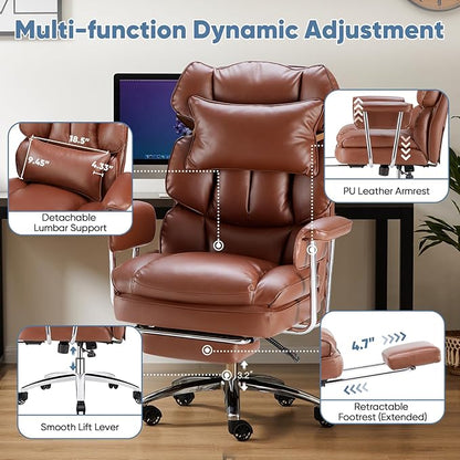 DUMOS Home Office Desk Executive Chair - Ergonomic Big Tall High Back with Footrest & Lumbar Support, Reclining Height Adjustable, Comfy PU Leather Computer Gaming with Swivel Wheels, Brown