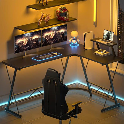 Mr IRONSTONE 63" L Shaped Computer Desk, Corner Desk, Home Office Desk, Gaming Writing Workstation with Large Monitor Stand, Easy to Assemble, Black