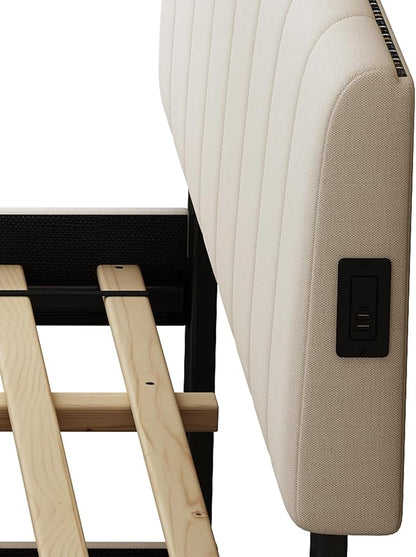 Queen Size Upholstered Platform Bed with Pull-Out Trundle Bed | Twin Size Trundle, LED Lighting Controlled by APP, USB+Type-C Charging Ports, Chenille Upholstered Bed Frame,Beige