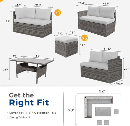 Wisteria Lane 7 Piece Patio Furniture Set, Wicker Patio Sectional with Wide Armrest, All Weather Outdoor Dining Set, Outdoor Furniture Patio Conversation Set with Ottoman, Ash Gray