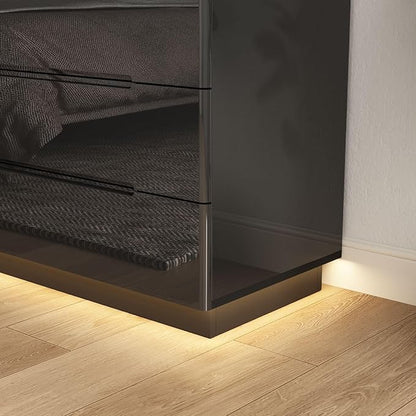 Modern High Gloss Dresser with LED Lights, 8 Drawer Dresser for Bedroom, Bottom Warm Lights, Handle-Free Design, 63" Contemporary Chest of Drawers Black 63" W x 15.7" D x 30.9" H