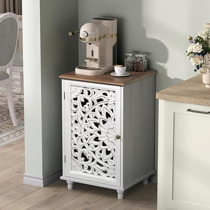 JOINICE Accent Storage Cabinet with Mandala Carved Doors,Small,White | Handcrafted Distressed Carvings,Vintage Floral Design for living room & office & bedroom,Solid Wood Legs,Adjustable Shelves