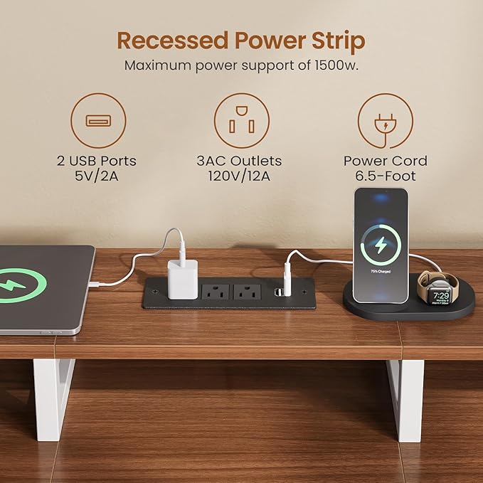 SEDETA 94.5" 2 Person Gaming Desk, Long Office Computer Desk with 8 Drawers & LED Light, Two Person Desk with Storage, Power Strip & Monitor Shelf for Home Office, Brown+White