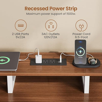 SEDETA 94.5" 2 Person Gaming Desk, Long Office Computer Desk with 8 Drawers & LED Light, Two Person Desk with Storage, Power Strip & Monitor Shelf for Home Office, Brown+White