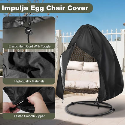 Heavy-Duty Outdoor Egg Chair Cover for Two-Seater - Zippered, UV-Resistant, Windproof, Anti-Oxidation & Anti-Fade Protection for Hanging Wicker Rocker Chairs, 79"x91" (Black)