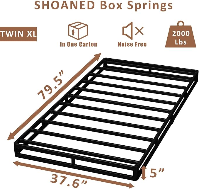 SHOANED Twin XL Metal Box Springs - 5 Inch Low Profile Heavy Duty Black Basics Bed Base Non Slip Box Spring Mattress Foundation, Easy Assembly, No Noise