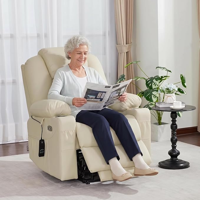 MCombo Power Lift Recliner Chair for Elderly, Lift Chair with Heat and Massage, FSC Certified, USB Ports, Cup Holders, Faux Leather 7040 (Cream White, Medium)