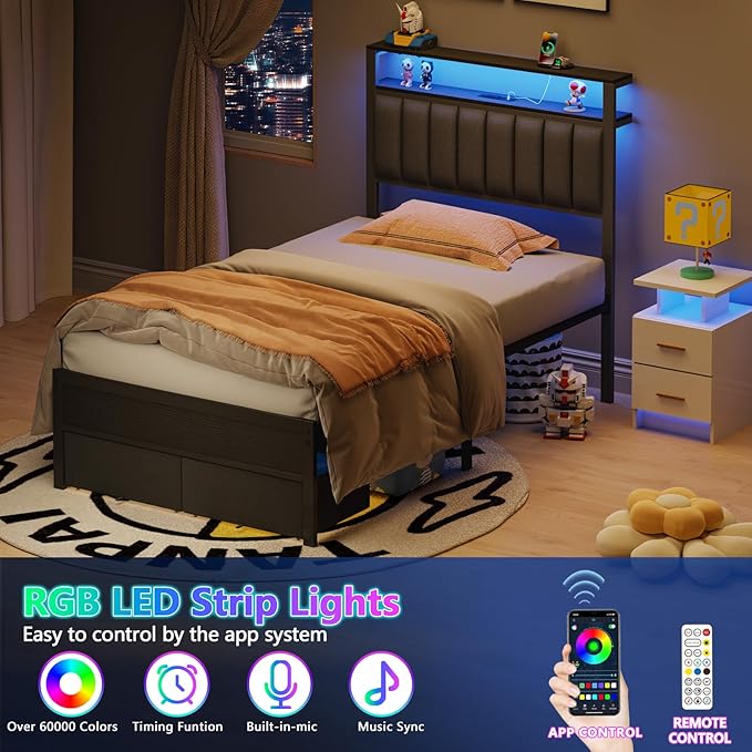 Furnulem Twin Bed Frames with Storage Drawers and Upholstered Headboard | Grey Metal Platform Bed with Charging Station, LED Lights, 2 Tier Shelves, Fabric Drawers. No Box Spring Needed, Noise Free