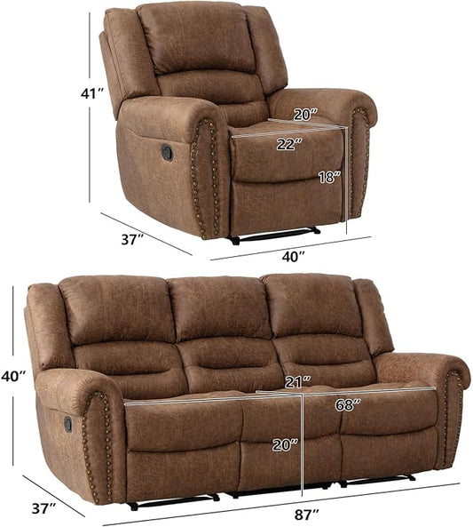 CANMOV Manual Reclining Sofa Set, Faux Leather Manual Recliner Sofa and Recliner Chair with Overstuffed Armrest for Living Room,Bedroom Furniture,Office,Nut Brown