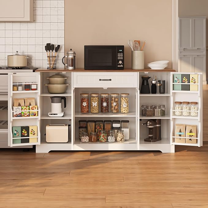 Gizoon 56" Kitchen Coffee Bar Cabinet with Storage Kitchen Sideboard Buffet Cabinet with Drawers, Short Pantry with Door and Shelves for Bathroom and Living Room, Painted White and Rustic