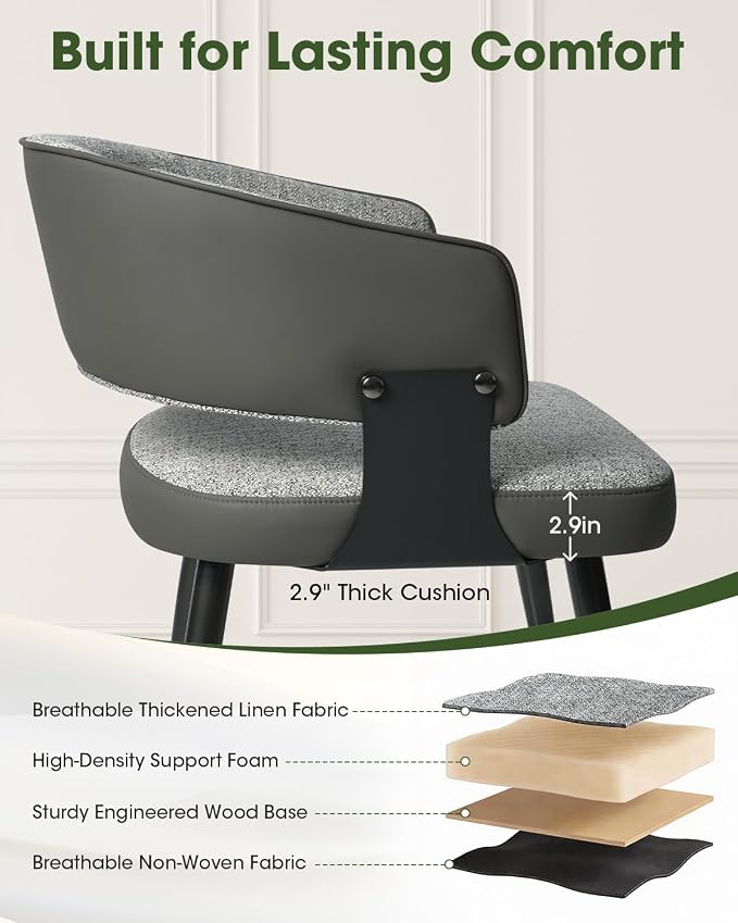 Dining Chairs Set of 2, Modern Upholstered Kitchen & Dining Room Chairs with Breathable Woven Fabric and Faux Leather Accents, Curved Open Back & Metal Legs (Gray Woven, Set of 2)