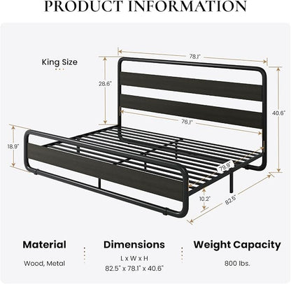 SHA CERLIN King Size Metal Bed Frame with Wooden Headboard and Footboard, Heavy Duty Platform Bed Frame with 10" Under-Bed Storage, Noise-Free, No Box Spring Needed, Black