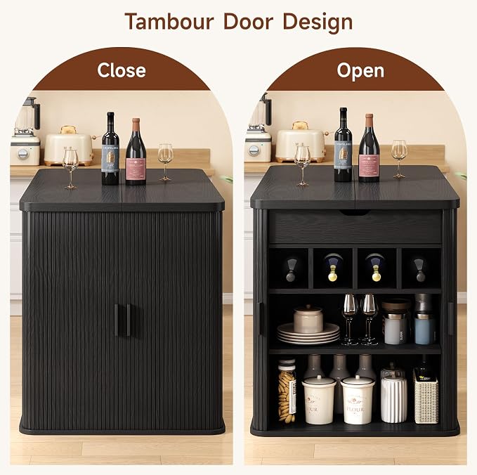 ONBRILL 61 Inch Kitchen Island with Storage, Fluted Counter Height Table, Mid-Century Modern Kitchen Island Table with Sliding Door, Home Bar Tables with Wine Rack and Drawers (Black)