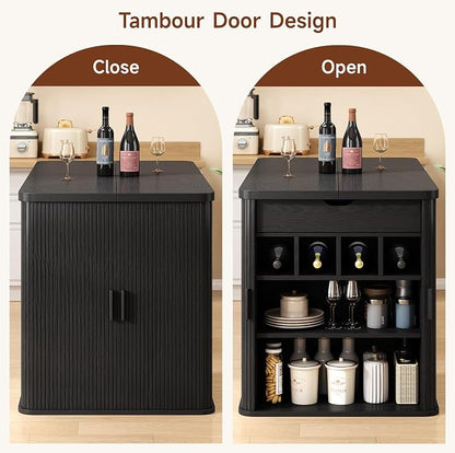 ONBRILL 61 Inch Kitchen Island with Storage, Fluted Counter Height Table, Mid-Century Modern Kitchen Island Table with Sliding Door, Home Bar Tables with Wine Rack and Drawers (Black)