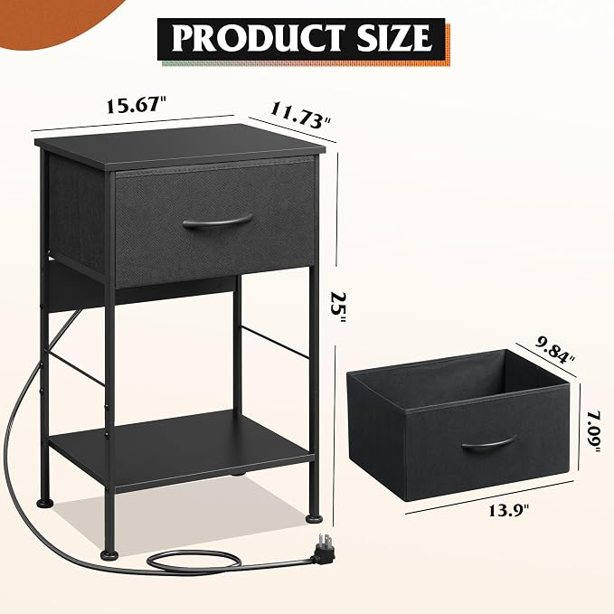 WLIVE Night Stand with Charger Station, Small Nightstand with 1 Fabric Drawer and Open Wood Shelf, 25" H Bedside Table for Bedroom, 2-Tier Storage Side Table for Dorm, Entryway, Black
