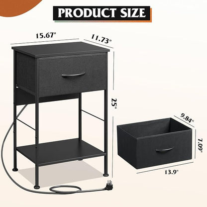 WLIVE Night Stand with Charger Station, Small Nightstand with 1 Fabric Drawer and Open Wood Shelf, 25" H Bedside Table for Bedroom, 2-Tier Storage Side Table for Dorm, Entryway, Black